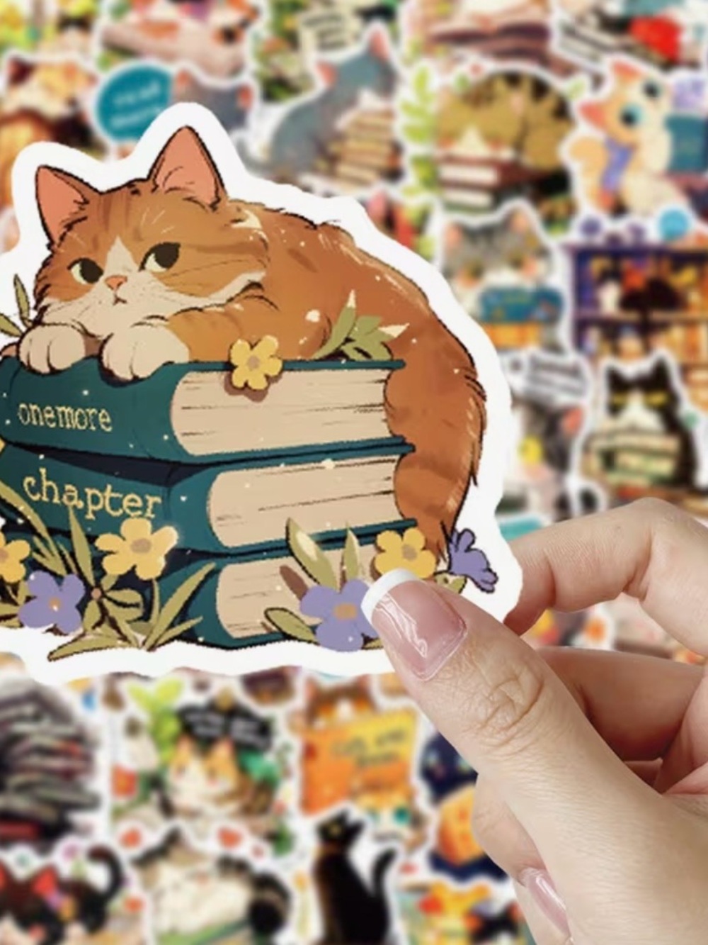 50 Sleepy Kitty Cats on Books Stickers Flowers Library Stack of Books - Picture 5 of 6
